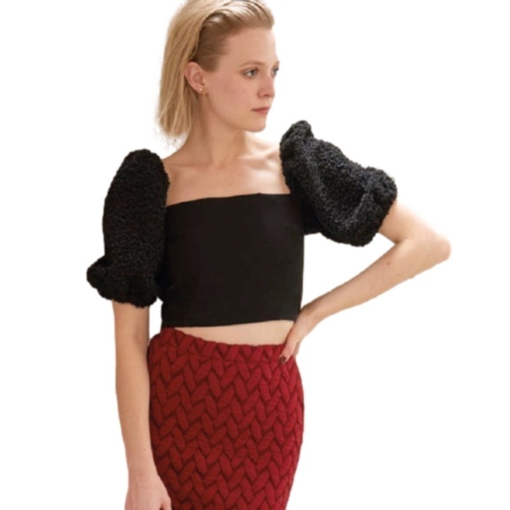 MARIGOLD Designer White* Sherpa Puffsleeves Black‎ Dressy Crop Top Blouse s XS-S